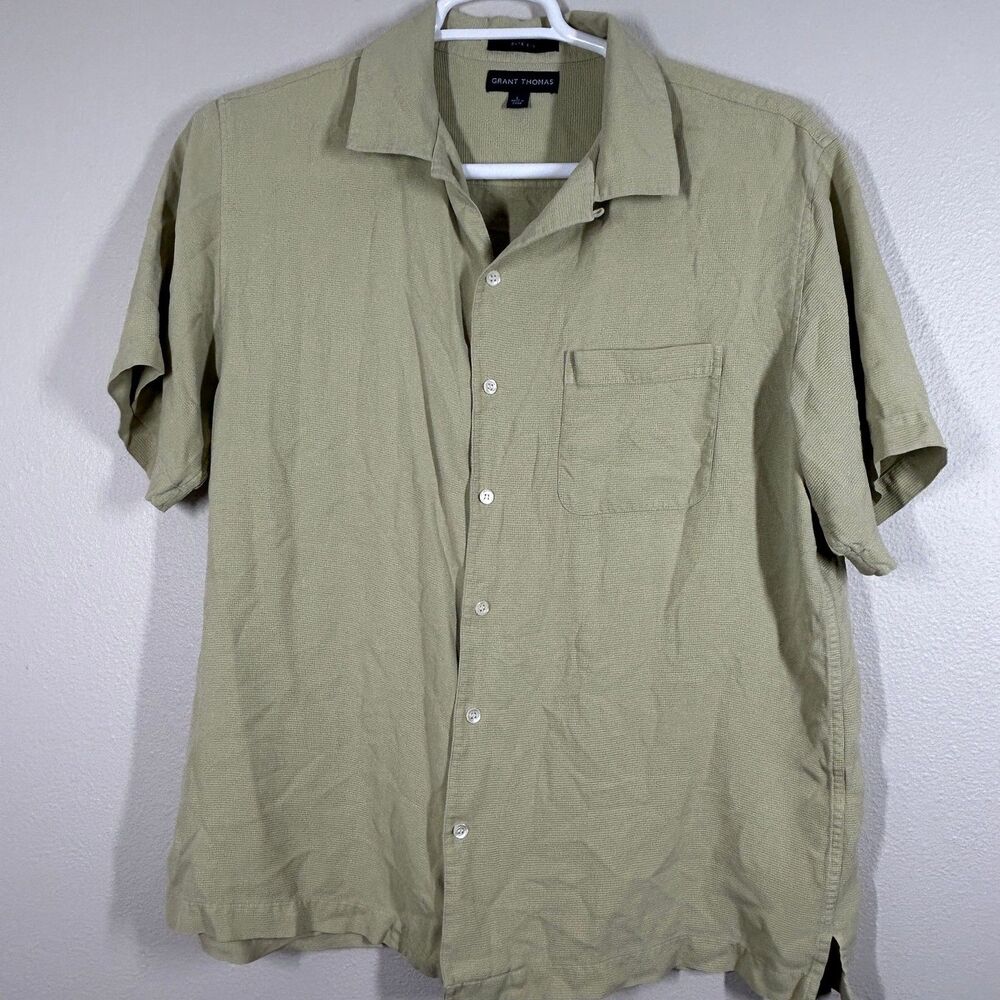 Grant Thomas Shirt Mens L Pure Silk Short Sleeve Button Up Sage Green Textured